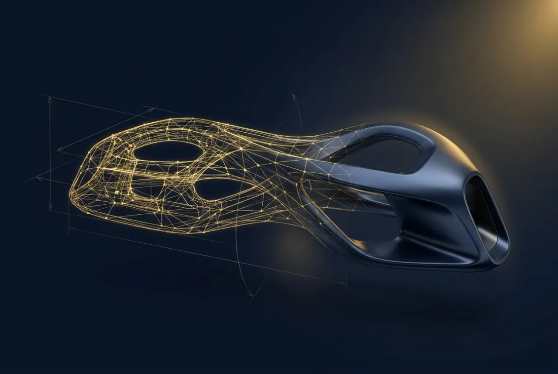 A glowing gold wireframe blueprint resolving into a solid finished product form