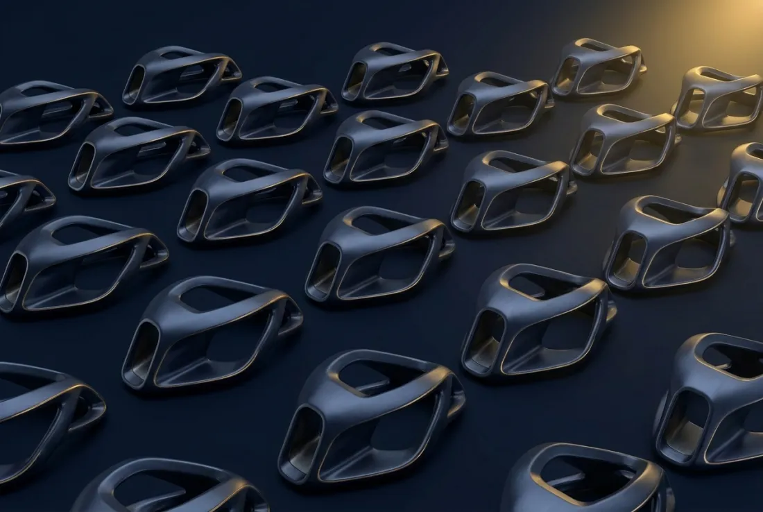 An orderly array of precision-machined components, gold edge-lit, receding into darkness