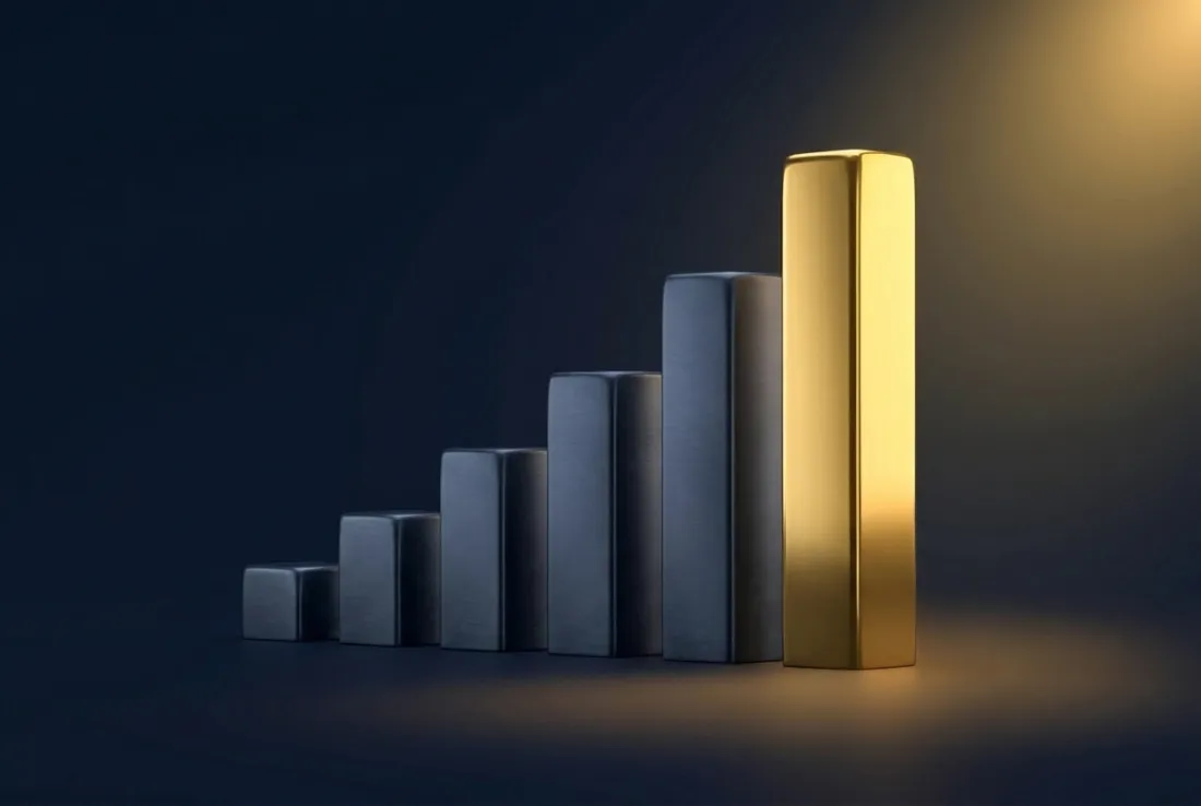 A row of ascending forms with the tallest cast in gold, rising above the rest