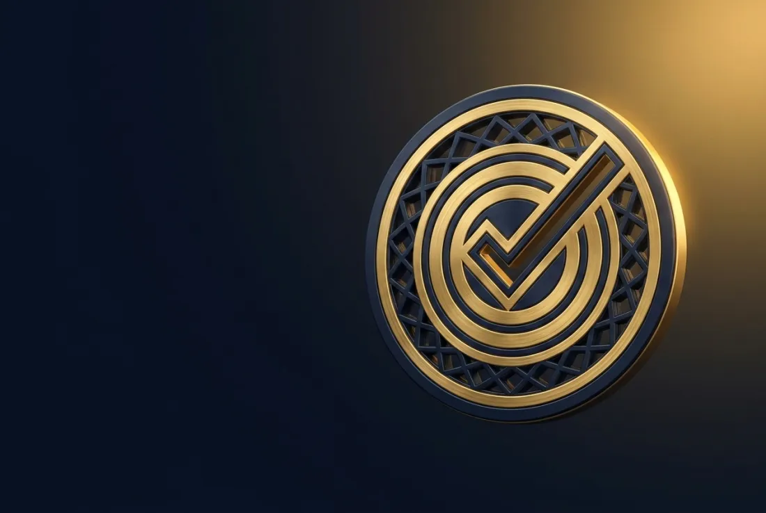 An elegant gold certification medallion with a geometric lattice on matte navy