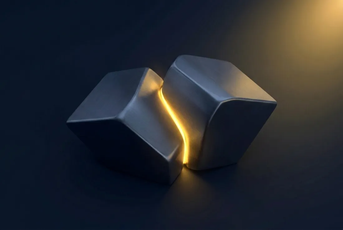 Two premium forms interlocking into one along a glowing molten-gold seam