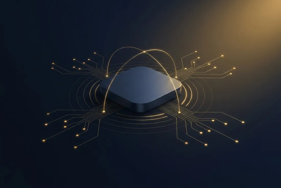A connected device emitting gold signal arcs and a radiating network of nodes